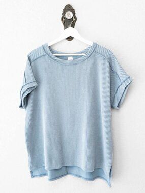 7th Ray Ribbed Boxy Top XL Light Blue Gray Oversized Casual Short Sleeve